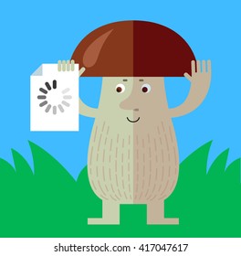 Brown mushroom with preloader icon. Flat style vector illustration. Funny cartoon character , forest mushroom, wild cep, fungus