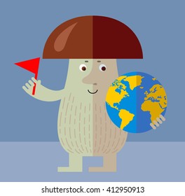Brown mushroom putting flag mark the globe. Flat style vector illustration. Funny cartoon character , forest mushroom, wild cep, fungus