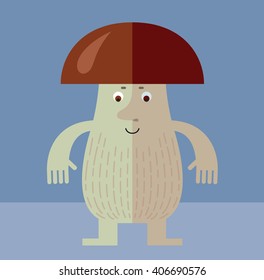 Brown mushroom standing. Flat style vector illustration. Funny cartoon character , forest mushroom, wild cep, fungus