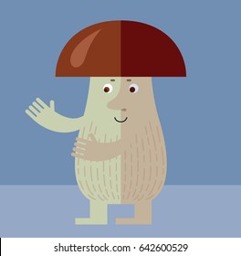 Brown mushroom with welcome hands. Flat style vector illustration. Funny cartoon character , forest mushroom, wild cep, fungus