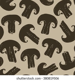 Brown mushrooms champignon on a beige background, seamless vector pattern