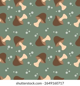 Cogumelos castanhos sobre um fundo verde-escuro. Padrão contínuo de outono para roupas, tecido, papel de parede, pano de fundo, decoração de casa, livro de capa e arte de parede. 