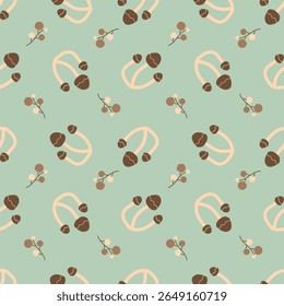 Cogumelos castanhos sobre um fundo verde-claro. Padrão contínuo de outono para roupas, tecido, papel de parede, pano de fundo, decoração de casa, livro de capa e arte de parede. 