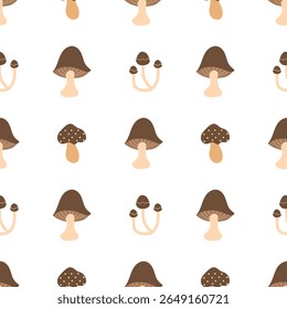 Cogumelos castanhos sobre um fundo branco. Padrão contínuo de outono para roupas, tecido, papel de parede, pano de fundo, decoração de casa, livro de capa e arte de parede. 