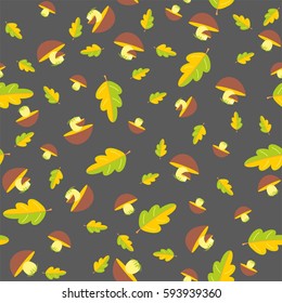 brown mushrooms vector on a gray background with leaves seamless pattern