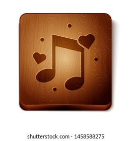 Brown Music note, tone with hearts icon isolated on white background. Wooden square button. Vector Illustration