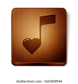 Brown Music note, tone with hearts icon isolated on white background. Valentines day. Wooden square button. Vector Illustration