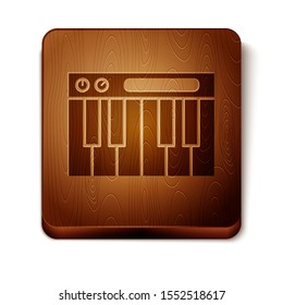 Brown Music synthesizer icon isolated on white background. Electronic piano. Wooden square button. Vector Illustration