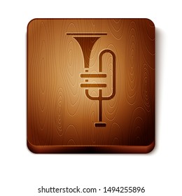 Brown Musical instrument trumpet icon isolated on white background. Wooden square button. Vector Illustration
