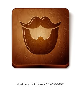 Brown Mustache and beard icon isolated on white background. Barbershop symbol. Facial hair style. Wooden square button. Vector Illustration