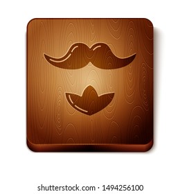 Brown Mustache and beard icon isolated on white background. Barbershop symbol. Facial hair style. Wooden square button. Vector Illustration
