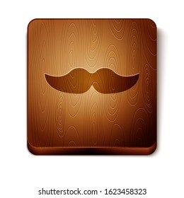 Brown Mustache icon isolated on white background. Barbershop symbol. Facial hair style. Wooden square button. Vector Illustration