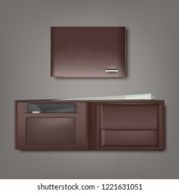 Brown natural leather wallet closed and opened with money and credit card. Vector realistic illustration isolated on background