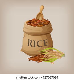 Brown Natural Long Rice In Small Burlap Sack. Vector Illustration