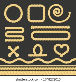 Brown Nautical Rope Set on a Dark Background Include of Line, Border, Frame and Decorative Elements. Vector illustration