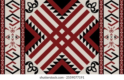 A brown Navajo design with sharp geometric lines. and has bright colors They represent the elements such as mountains, rivers, and the animals that surround them. For pants, rugs,home decoration.