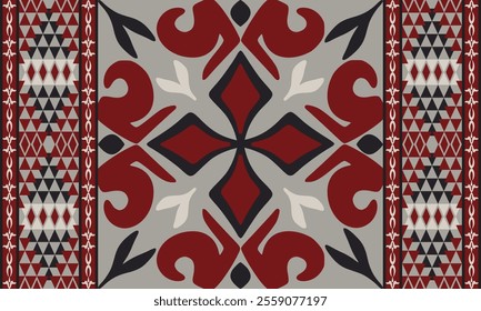 A brown Navajo design with sharp geometric lines. and has bright colors They represent the elements such as mountains, rivers, and the animals that surround them. For pants, rugs,home decoration.