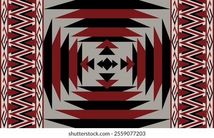 A brown Navajo design with sharp geometric lines. and has bright colors They represent the elements such as mountains, rivers, and the animals that surround them. For pants, rugs,home decoration.