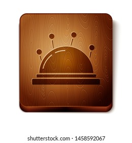 Brown Needle bed and needles icon isolated on white background. Handmade and sewing theme. Wooden square button. Vector Illustration