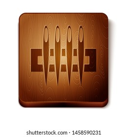 Brown Needle for sewing icon isolated on white background. Tailor symbol. Textile sew up craft sign. Embroidery tool. Wooden square button. Vector Illustration