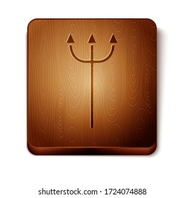 Icono de Tridente de Neptuno marrón aislado en fondo blanco. Botón cuadrado de madera. Ilustración vectorial