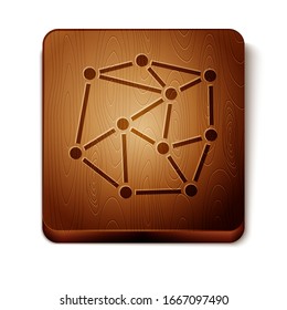Icono de red neural marrón aislado en fondo blanco. Inteligencia artificial. Botón cuadrado de madera. Ilustración vectorial
