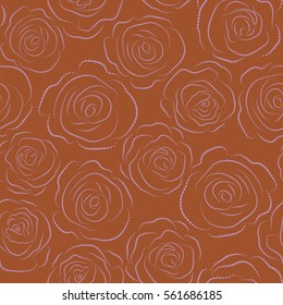 Brown and neutral roses isolated. Vector floral seamless pattern. Monochrome dashed silhouette.