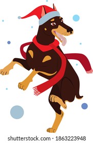 
Brown New Year's Doberman. Vector illustration