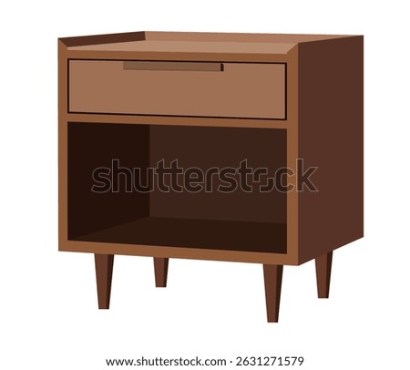 Brown nightstand with one drawer and open storage space on wooden legs isolated