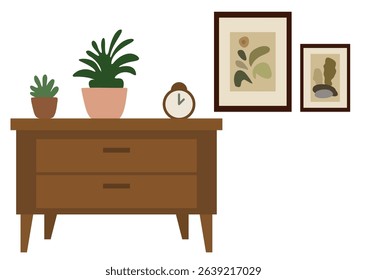 Brown nightstand with two drawers and decorative elements. Bedroom furniture or home decor element. Flat illustration for interior design concept.