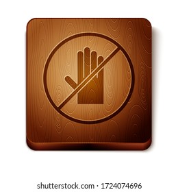 Brown No handshake icon isolated on white background. No handshake for virus prevention concept. Bacteria when shaking hands. Wooden square button. Vector Illustration