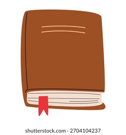 Cuaderno marrón con un marcador rojo. Ilustración para materiales educativos, temas de revistas, papelería, blogs de lectura, planificadores, pegatinas. Aislado en blanco.
