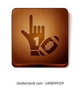 Brown Number 1 one fan hand glove with finger raised and american football ball icon isolated on white background. Set of sport equipment. Wooden square button. Vector Illustration