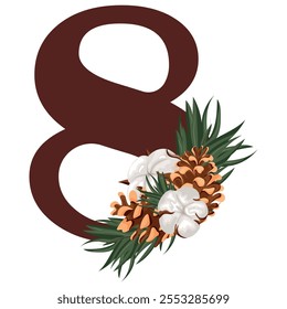 Número ocho marrón con diseño de Navidades, a saber, conos de pino, flores de algodón y ramas de pino, para varios calendarios, diarios o carteles