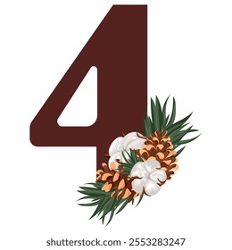 brown number four with Christmas design, namely pine cones, cotton flowers and pine branches, for various calendars, diaries or posters