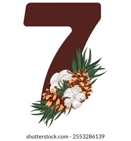 brown number seven with Christmas design, namely pine cones, cotton flowers and pine branches, for various calendars, diaries or posters