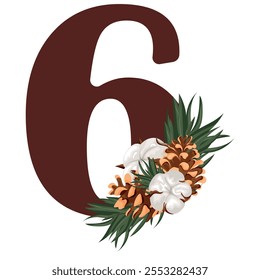 brown number six with Christmas design, namely pine cones, cotton flowers and pine branches, for various calendars, diaries or posters