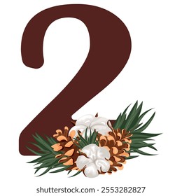 brown number two with Christmas design, namely pine cones, cotton flowers and pine branches, for various calendars, diaries or posters