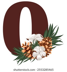 brown number zero with Christmas design, namely pine cones, cotton flowers and pine branches, for various calendars, diaries or posters