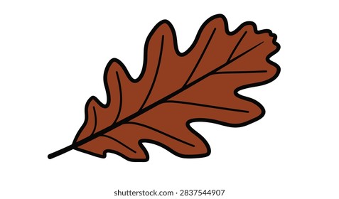 Brown oak leaf with a thick black outline representing classic autumn foliage and the transition of the forest in the fall season.