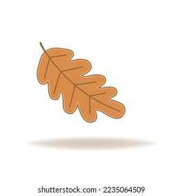 Brown oaken leaf with grey shadow. Autumnal icon. Vector illustration