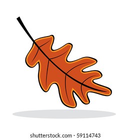 Brown oaken leaf with grey shadow. Autumnal icon. Vector illustration