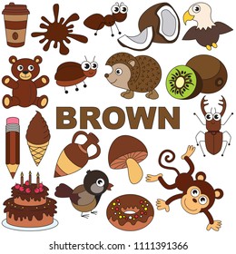 Brown Objects Color elements set, collection of coloring book template, the group of outline digital elements vector illustration, kid educational game page.