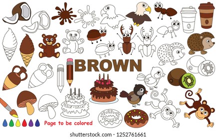 Brown Objects Color elements set, collection of coloring book template, the group of outline digital elements vector illustration, kid educational game page.