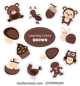 Brown objects. Learning Colors. Color Worksheet. Education set. Illustration of primary colors.