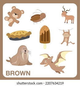 Brown objects worksheet for children. Education about color. Vector illustration file.