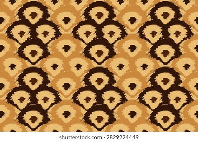 Brown and Ocher Ikat Seamless Pattern Background. Vertical Distressed Watercolor Blur Texture. Traditional Uzbek Aztec Wave Fabric Ornament. Modern Abstract Tie-Dye Animal Skin Backdrop.