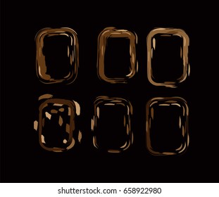Brown, ocher, yellow colored funky borders in the retro-futuristic style of the 60s. Smeared hand painted square vertical frames and borders set. Trendy hipster party design elements, shiny frames.