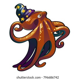 Brown octopus in the hat wizard. Inhabitants of the seas and oceans isolated on white background. Vector cartoon close-up illustration.