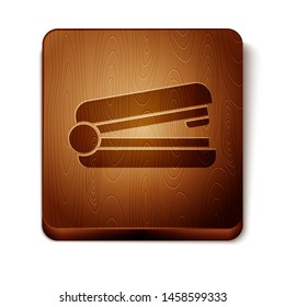 Brown Office stapler icon isolated on white background. Stapler, staple, paper, cardboard, office equipment. Wooden square button. Vector Illustration Brown Office stapler icon isolated on white background. Stapler, staple, paper, cardboard, office equipment. Wooden square button. Vector Illustration